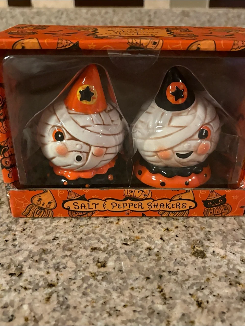 Transpac Johanna Parker Halloween Mummy Salt & Pepper Shakers - Orange & Black